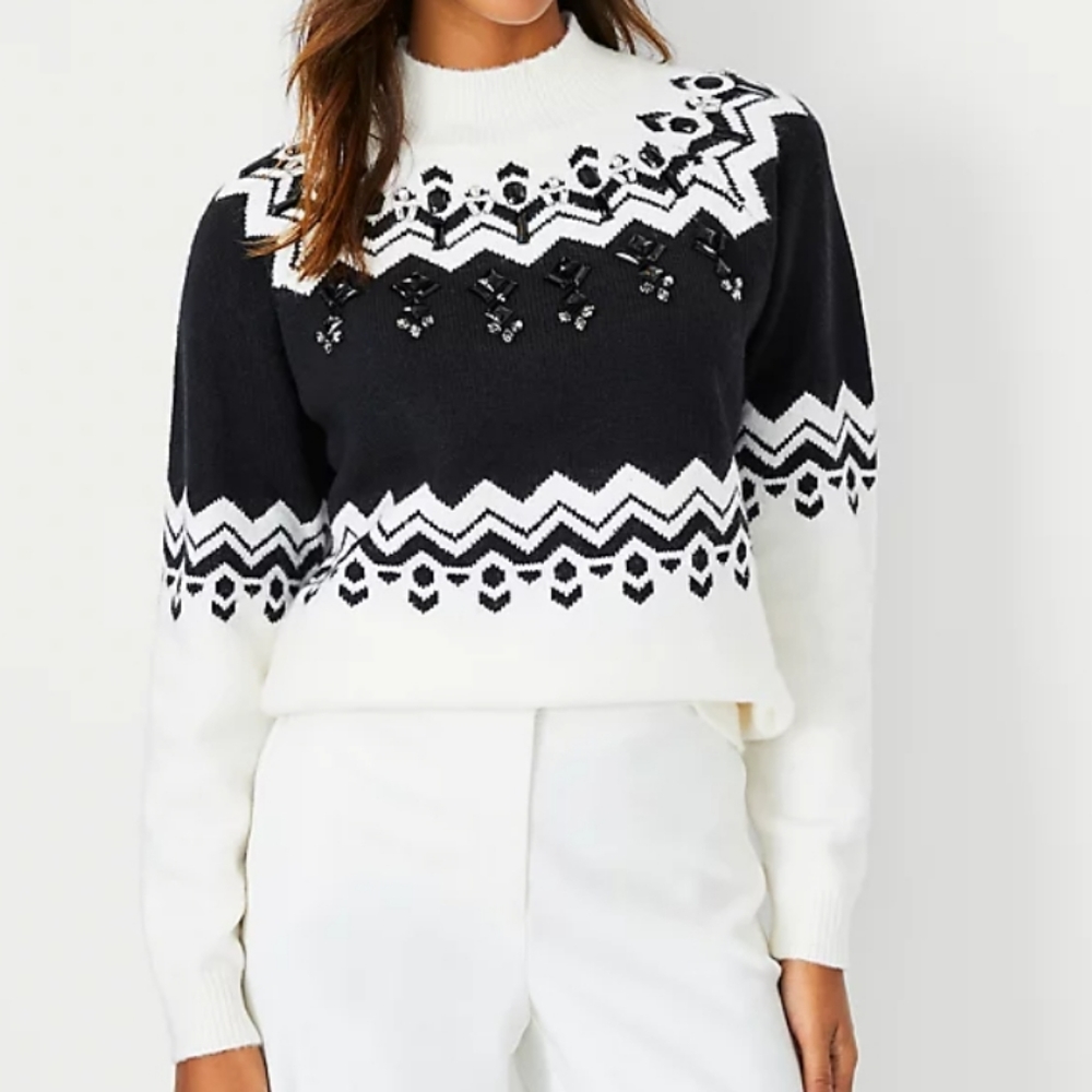 Ann Taylor NWOT Petite Jeweled Fair Isle Turtleneck Sweater